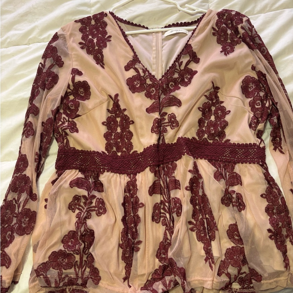 ARULA Burgundy Floral Embroidered Blouse